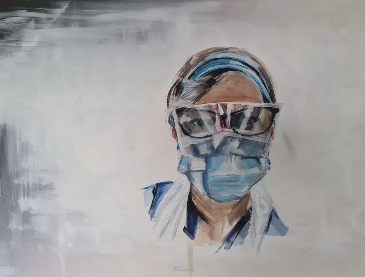 A painted portrait of Clare wearing a mask, visor and headband